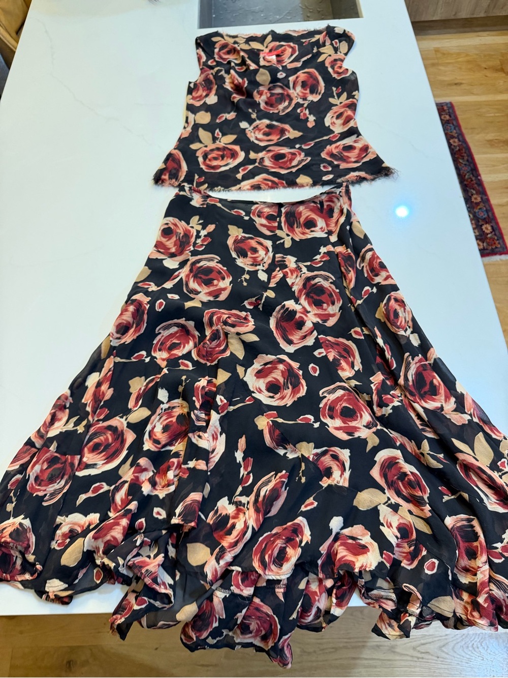 Floral Two-Piece Skirt Set in Black with Red Rose Print